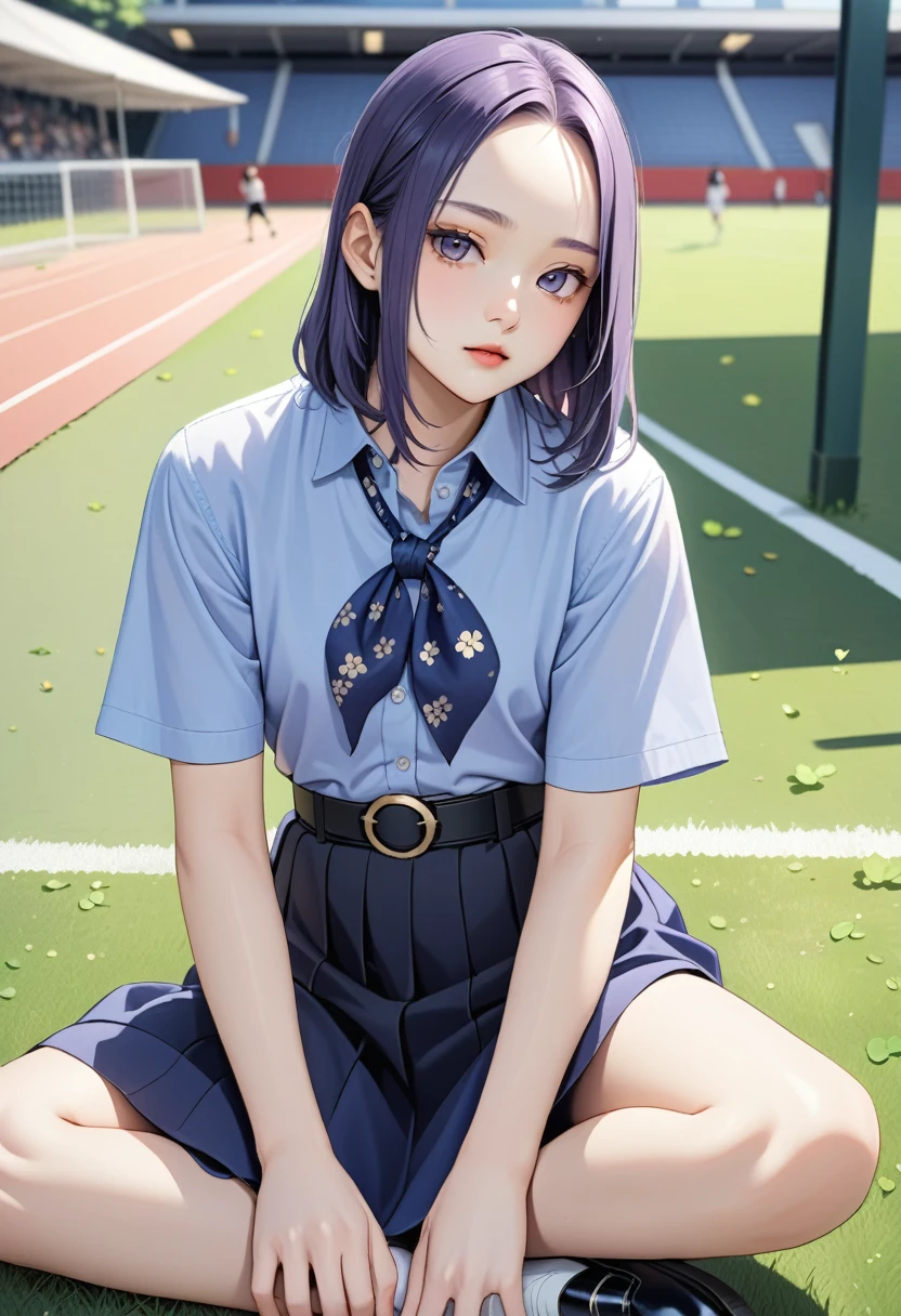 realistic anime illustration of pretty young girl, she is sitting cross-legged on school 's soccer field at sunny day, she has black shoulder length hair (+forehead, rolled up bangs), wearing pastel indigo-blue short sleeves collared shirt, navy-blue neckerchief with white outline clover leaves pattern, navy-blue pleated pencil long skirt, black belt with gold circle buckle, white socks and black mary-jane shoes, (1girl, solo,full body), (masterpiece, best quality, japanese anime style), BREAK, (pastel indigo-blue short sleeves collared shirt, navy-blue neckerchief with white outline clover leaves pattern, navy-blue pleated pencil long skirt, black belt with gold circle buckle, white socks and black mary-jane shoes)