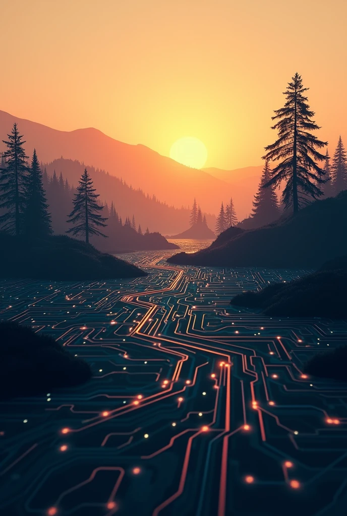 Silhouette of a natural landscape with digital grid and computer circuit technology overlay.