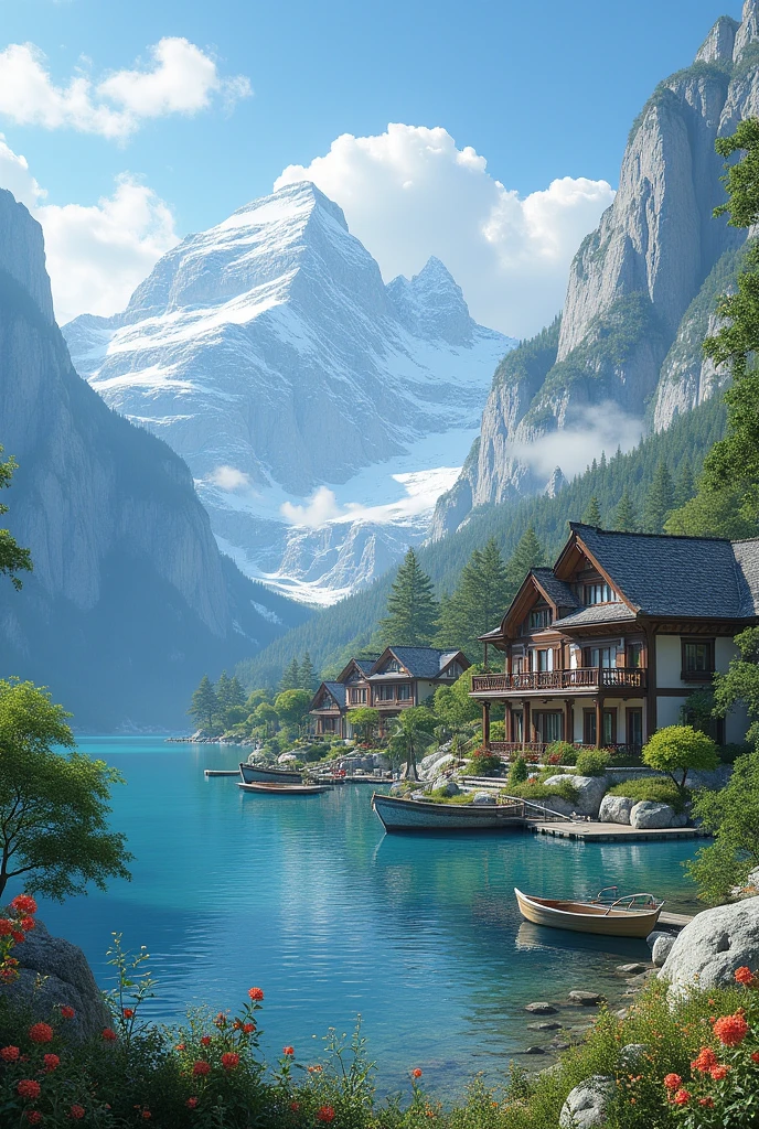 Beautiful houses in the mountains on the shores of a lagoon