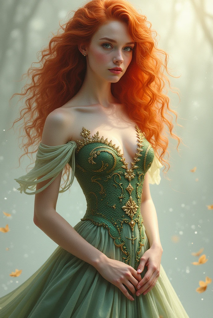 Curly redhead girl in long dress , inspired by dragons , fully body