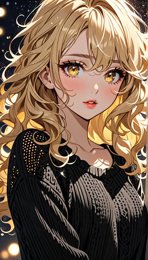 Beautiful and blond messy styled hair, best quality, delicate and dynamic depiction, beautiful woman, amorous and lewd expression, blonde messy wavy hair, light blonde hair, yellow eyes, make-up, wearing loose fitting black summer knit sweater, sparkly fluffy