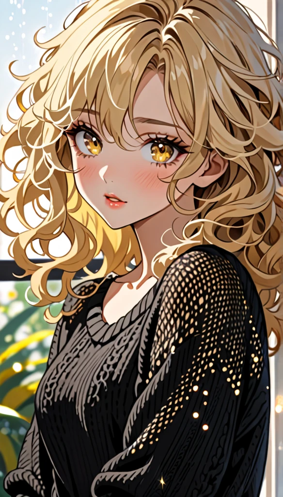 Beautiful and blond messy styled hair, best quality, delicate and dynamic depiction, beautiful woman, amorous and lewd expression, blonde messy wavy hair, light blonde hair, yellow eyes, make-up, wearing loose fitting black summer knit sweater, sparkly fluffy