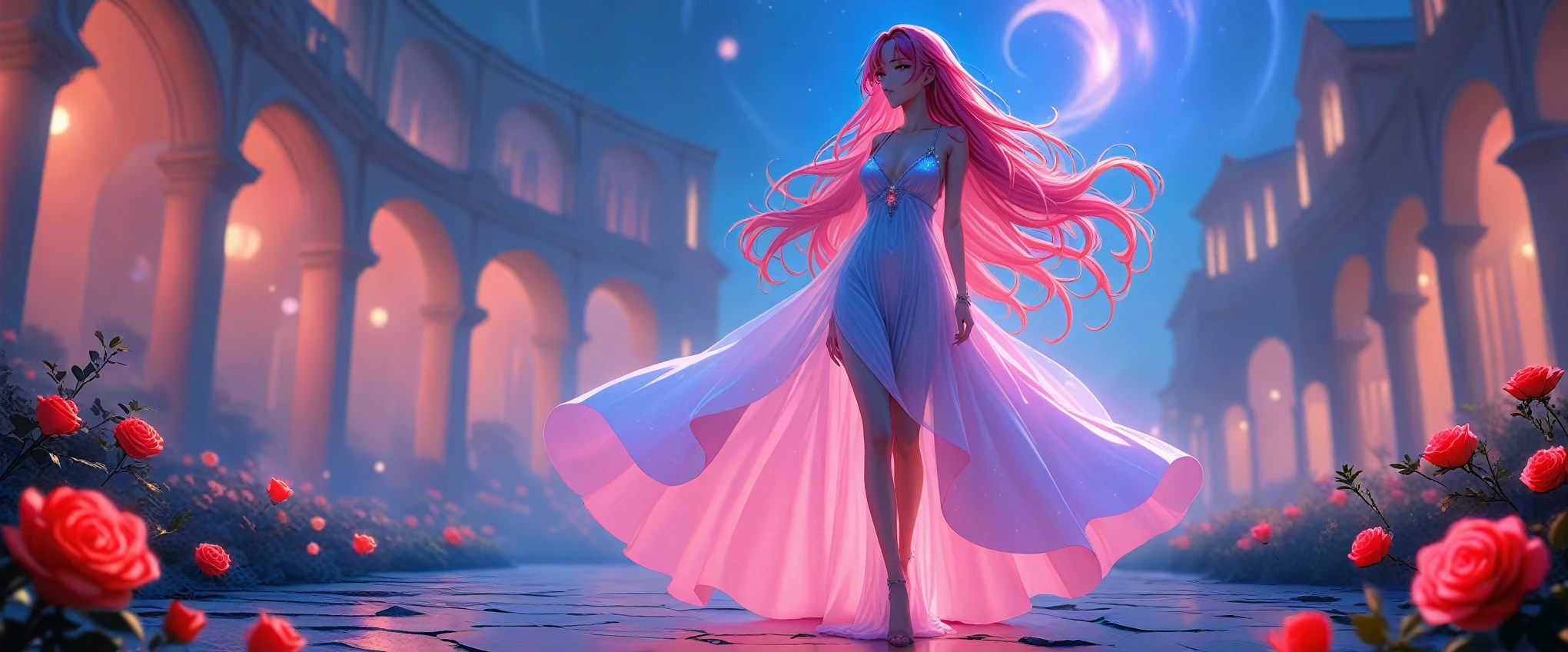 cinematic film still,score_9,score_8_up,score_7_up,masterpiece,best quality,8k,source_cartoon,source_アニメ, Young woman, Clear face, sexy, Attractive, Red Rose Night Dress, wind, Develops Long Hair Red with Purple, full height, moonlight falls on the girl, Column, Arch with Golden Patterns, night sky, stars, Large Scale Painting, Feel the Beauty, Everything Sparkles and Glitters, Very Beautiful Colors, Juicy Elaboration, masterpiece, bright colors, Clear Elaboration of Details, The picture is mesmerizing, ultra detail, 4K wallpaper, super resolution,pfstyle