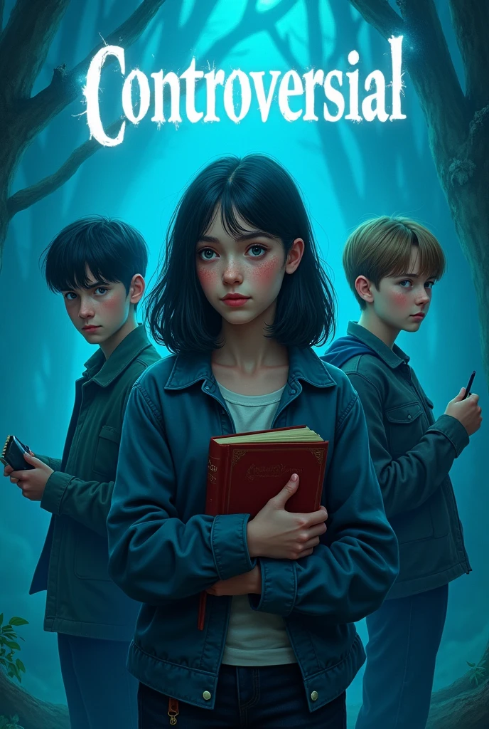 **fund:** cerulean.
**Top text:** the word "controversial" written in white letters at the top of the image.
**Personagens:**
1. **naughty girl (downtown):** an 18-year-old girl, with very dark hair, skin fair, dark eyes and freckles. Ela segura um livro de bruxa na mão e está looking to the right.
2. **Child boy (Left):** A boy wearing a blue plaid shirt and a cap. He has black hair and white skin. He holds a notebook and a pen in his hand, and is looking at the center.
3. **Child boy (desna):** A boy with light brown hair and light eyes, looking to the right