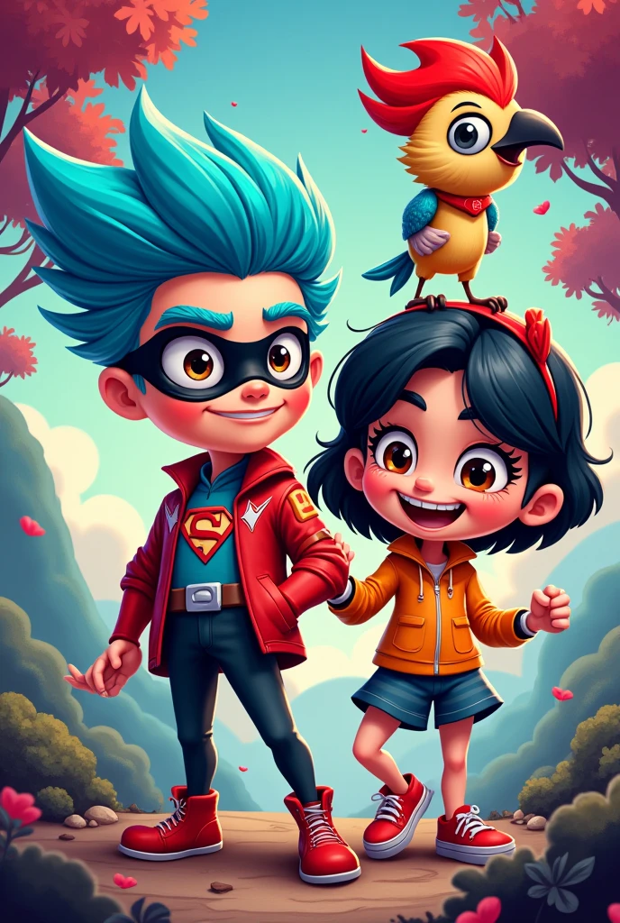 Create a profile picture with super shock, Monica and Chives, woodpecker all together in the photo for my tik Tok profile that posts cartoons