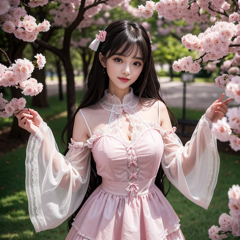 best quality, Delicate face，beautiful visual work, lifelike, eternity, black hair, Long curly hair, blunt bangs, Smile, Detailed Background, Delicate face，blush，cold，((masterpiece))、(top quality)、8k、high detail、Super detailed，31-year-old female， masterpiece、born、Scenes resembling fairy tale illustrations、intricate details和複雜的設計、Beautifully、magic、capricious、 Beautifully、Dream aesthetics、「𝓡𝓸𝓶𝓪𝓷𝓽𝓲𝓬、ethereal、charming、fickle、magic」、realism、Visual effects、FXAA、SSAO、Shader、voiceless、ambient lighting、Tone mapping、High resolution、Ultra high quality、Million pixels、(8K resolution:1.10)、8k、8k以下、8K resolution、high detail、intricate details， (high quality:1.2、masterpiece:1.2、:1.21)、(21 years old female:1.21)、(興奮地Smile)、(Surrounded by a dreamy atmosphere、Model diagram，full-body shot，Normal 2 feet，Put your hands behind you，The protrusion of the breast is visible when wearing clothes, Sakura trees in the distance, Wear a LOLITA dress, layered dress, Pink lolita skirt, lots of lace, Long sleeve, Wide sleeves, Big skirt, layered lace skirt, Puff sleeves, Wide sleeves, Transparent sleeves, intricate details showcase the ruffles and intricate designs of the Lolita dress, Sakura Tree Park, Bow at the back of the waist, Skirt length to calf, cupcake dress, Layered skirt with lace on each layer