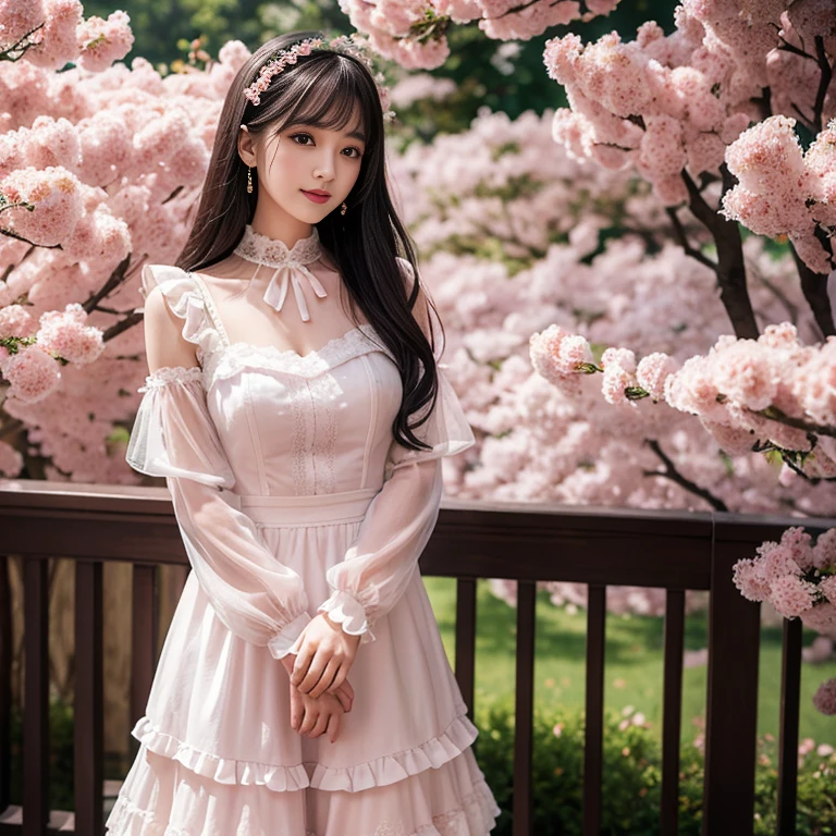 best quality, Delicate face,beautiful visual work, lifelike, eternity, black hair, Long curly hair, blunt bangs, Smile, Detailed Background, Delicate face,blush,cold,((masterpiece))、(top quality)、8k、high detail、Super detailed,31-year-old female, masterpiece、born、Scenes resembling fairy tale illustrations、intricate details和複雜的設計、Beautifully、magic、capricious、 Beautifully、Dream aesthetics、「𝓡𝓸𝓶𝓪𝓷𝓽𝓲𝓬、ethereal、charming、fickle、magic」、realism、Visual effects、FXAA、SSAO、Shader、voiceless、ambient lighting、Tone mapping、High resolution、Ultra high quality、Million pixels、(8K resolution:1.10)、8k、8k以下、8K resolution、high detail、intricate details, (high quality:1.2、masterpiece:1.2、:1.21)、(21 years old female:1.21)、(興奮地Smile)、(Surrounded by a dreamy atmosphere、Model diagram,full-body shot,Normal 2 feet,Put your hands behind you,The protrusion of the breast is visible when wearing clothes, Sakura trees in the distance, Wear a LOLITA dress, layered dress, Pink lolita skirt, lots of lace, Long sleeve, Wide sleeves, Big skirt, layered lace skirt, Puff sleeves, Wide sleeves, Transparent sleeves, intricate details showcase the ruffles and intricate designs of the Lolita dress, Sakura Tree Park, Bow at the back of the waist, Skirt length to calf, cupcake dress, Layered skirt with lace on each layer