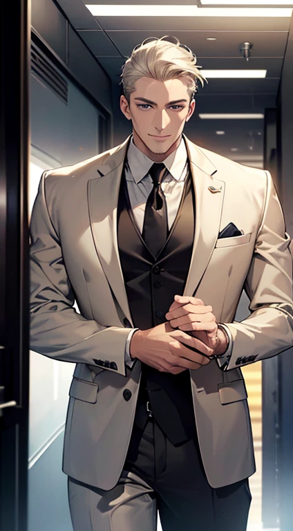 (best quality,4k,8k,highres,masterpiece:1.2),ultra-detailed,(realistic,photorealistic,photo-realistic:1.37),1 man,31 years old,mature man,very handsome,without expression,smile,short white hair,blue eyes,penetrating gaze, CEO in his office, huge with classic and modern architecture looking at his prey with a mischievous smile. wearing a modern grayish brown suit, with a black tie and yellow stripes. perfect face without errors,imposing posture,businessman,office background,cinematic lighting,hdr image