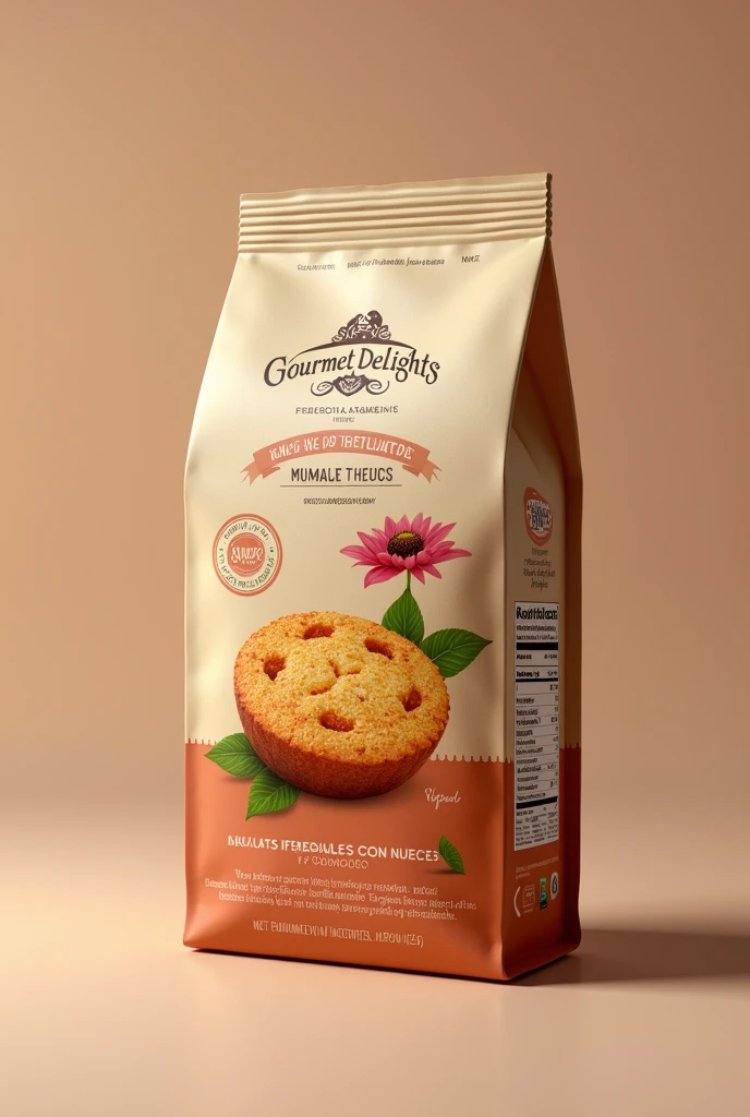 (photorealism:1.2), Brea a high quality COOKIE packaging to launch on the market "WHOLEGRAIN COOKIES WITH NUTS" the company is called "Gourmet Delights" Take into account protection factors, Ingredients, presentation, sustainability. Keep in mind that it is in Colombia and all the steps necessary to bring it to market, but it should be in Spanish and attract attention. Let the nuts and the nutrition table be visible and indicate if they have sweeteners or sugars.. Let it be a quality package and it be for 6 units of cookies.. In horizontal packaging
