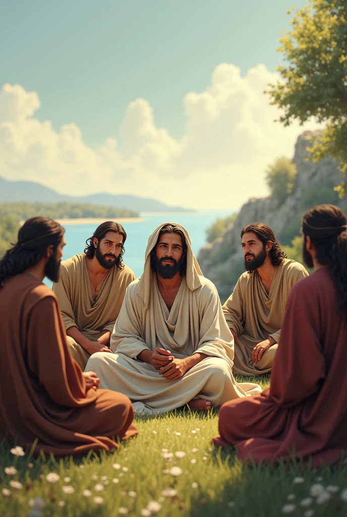 Jesus with headscarf sitting on the ground teaching his male disciples