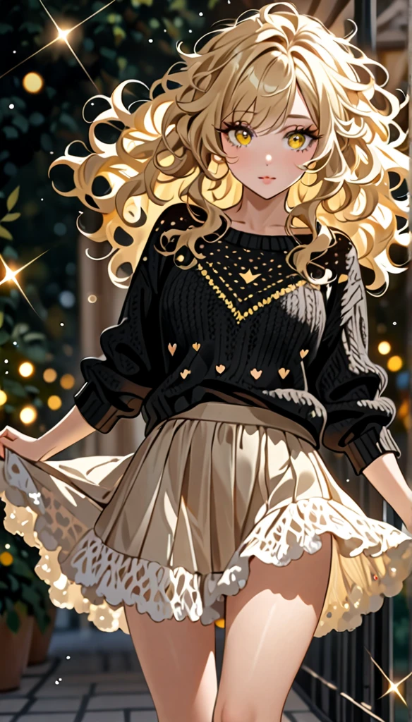 Beautiful and blond messy styled hair, best quality, delicate and dynamic depiction, beautiful woman, amorous expression, blonde messy wavy hair, light blonde hair, yellow eyes, make-up, wearing loose fitting black summer knit sweater and stylish skirt, sparkly fluffy
