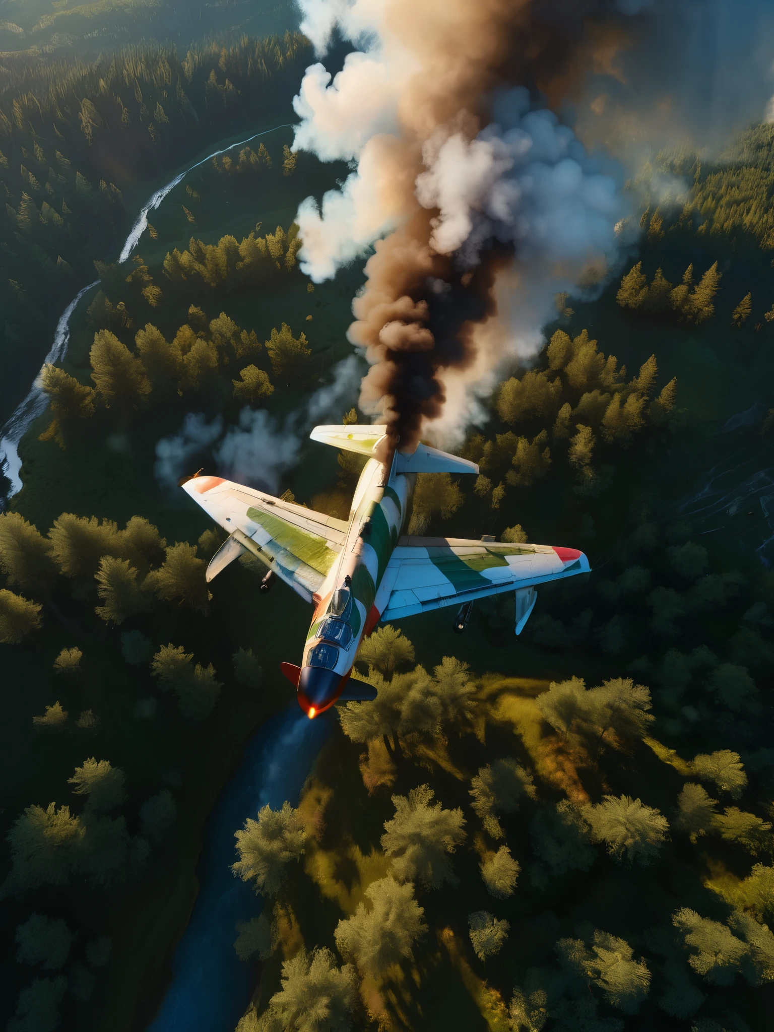 a mig-21 fighter jet, view from above, flying high over lush pine forest, morning, burning tail, plane on fire, 1960s, high altitude, engine fire, engine smoke, engine damage, fuselage damage, hyperrealistic, photorealistic, 8k, ultra-detailed, cinematic lighting, dramatic, highly detailed aircraft, realistic smoke and flames, intricate details, vibrant colors, beautiful landscape, realistic textures, volumetric lighting