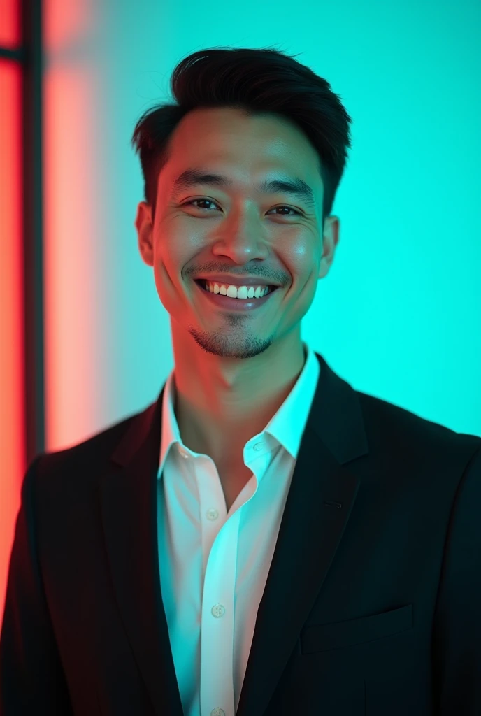 
 A 
young man with dark hair and a confident smile. He is dressed in a black blazer over a white shirt. The man is positioned against aqua colour backdrop with a subtle red lighting on the left side. and he posing for LinkedIn profile