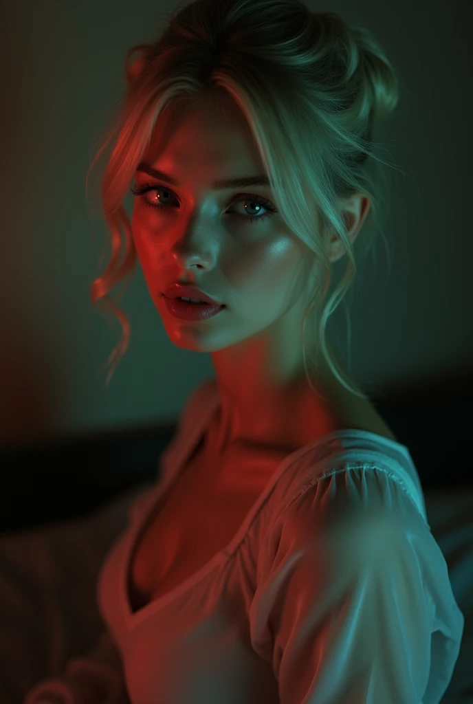 (((ultra realistic))) Photo, masterpiece, top quality, (pale skin), (Ultra detailed face and eyes:1.3), 1 girl, ((Adult)) , naked, (Eye makeup, mascara), ((sensual and thin lips)), ((blonde elegant bun hair)), ((elegant Stylish hairstyle)) , ((deep blue eyes)), (Natural breasts). ((Posing)), photoshoot, (Soft) Lighting, (The play of light and shadows in a dark room), depth of field, bokeh, (special attention to skin detail: 1.2), Detailed leather texture, skin pores. (Warm atmosphere of the frame. color scheme - black, Red, green tones), UDR, ((Film grain)), (moon rays), ((open full body view, extemely detailed)) , ultra detailed, naive sexy woman, translucent blouse, woman sitting in bed, (cozy night bedroom), ((slim long leg)),