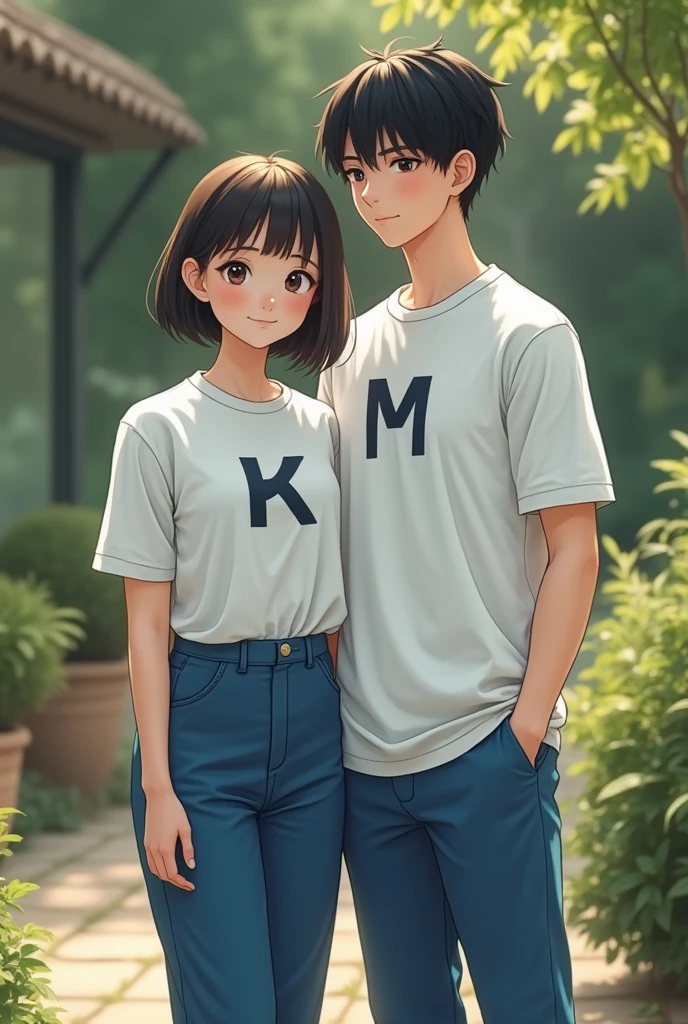 A couple photo A girl cut black hari shot wear blue colour trouser white colour k letter t-shirt near a boy in short wear blue colour trousers white colour M letter t-shirt