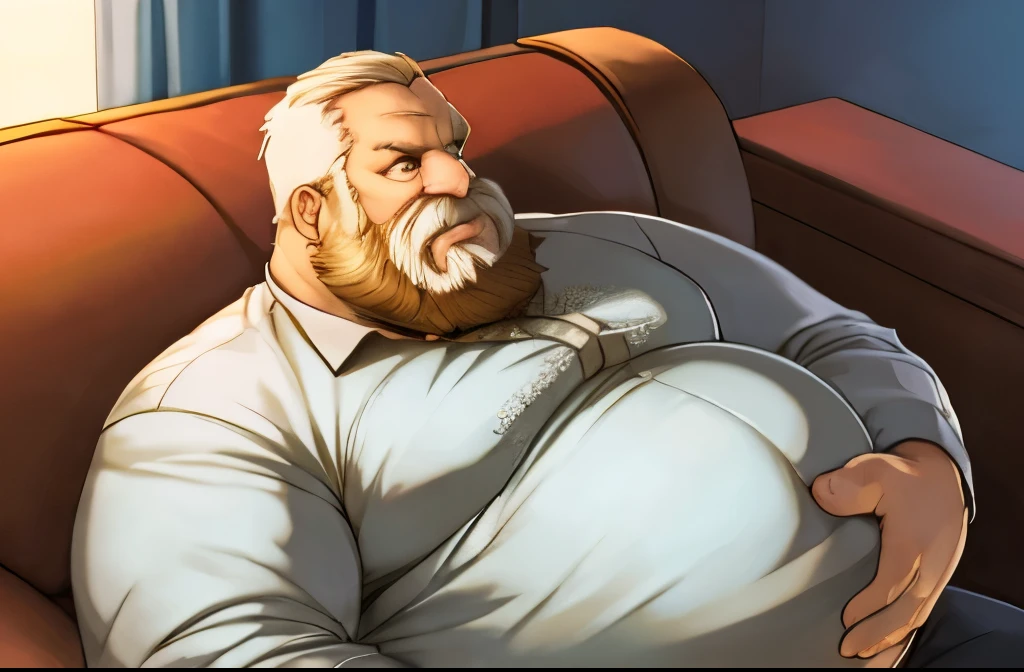 Big heavily obese old man sitting on sofa, bearded, fat, big belly, obesity.