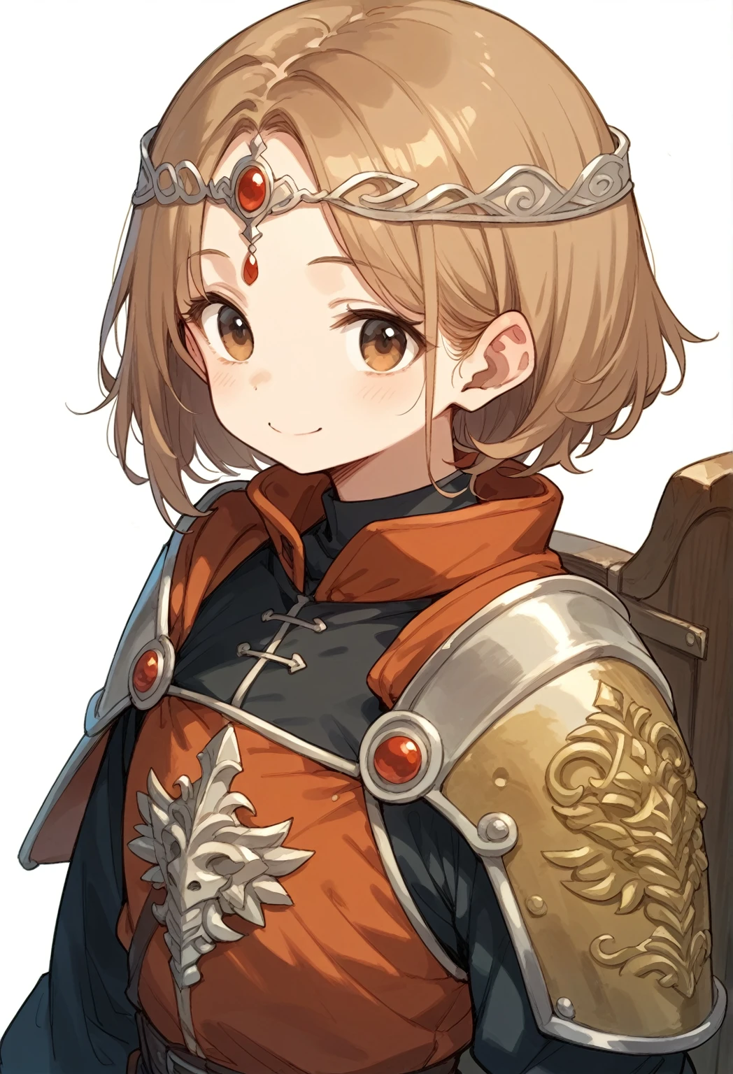 Leather armor、A small circular shield in the left hand、pale brown hair、Brown Eyes、Monastic uniform、White background、Character portrait、whole body,Deformation、Circlet、Wide-mouthed smile