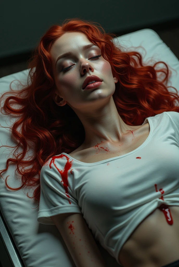 (photorealism:1.2), beautiful and hot white woman, curly red haired hair, beautiful body and legs, beautiful nose, thin face details, beautiful face, Closed eyes, dead on mortuary, lying, sexy pants white t-shirt and Black shorts, hiper realistic, hiper detailed, she is falled out with gunshot on head, blood in The body and blood dripping from head and mouth