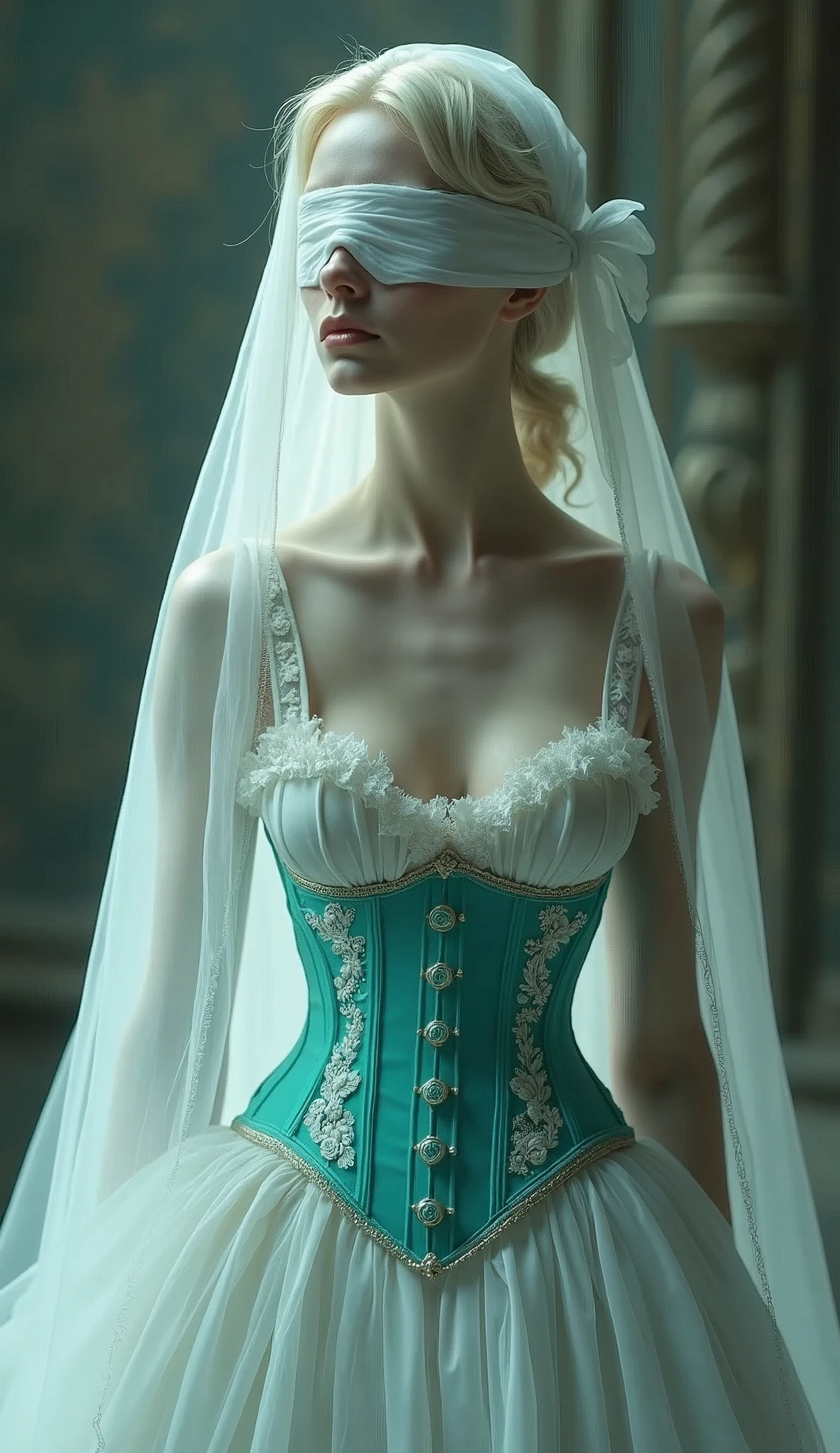 Bird´s-eye view, blindfolded White french woman with super extremly tight tiny waist and see through sheer turquoise corset, beautiful lolita dress with petticoat, blindfolded and a long white veil, Bird´s-eye view, sf, intricate artwork masterpiece, ominous, matte painting movie poster, golden ratio, trending on cgsociety, intricate, epic, trending on artstation, by artgerm, h. r. giger and beksinski, highly detailed, vibrant, production cinematic character render, ultra high quality model