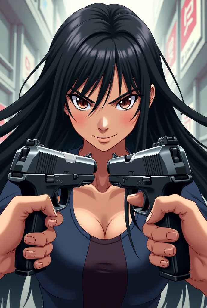 Brunette with long black hair being pointed at by many guns while smiling, In anime format