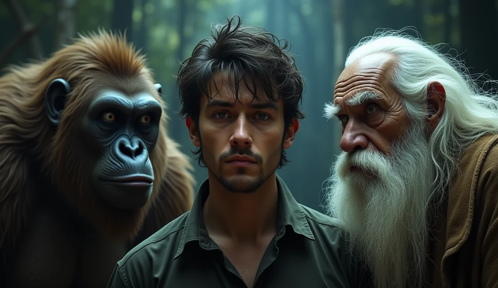 The man is looking at the camera, and to his left is a hairy, ape-like creature, and to his right is a very old, wrinkled man with long white