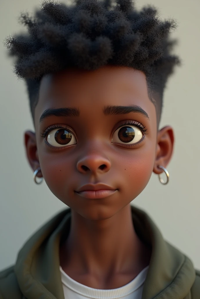 A  black boy ,shy ,guapo, flat nose,degraded hair,hyper realistic 3d image,mega guapo 