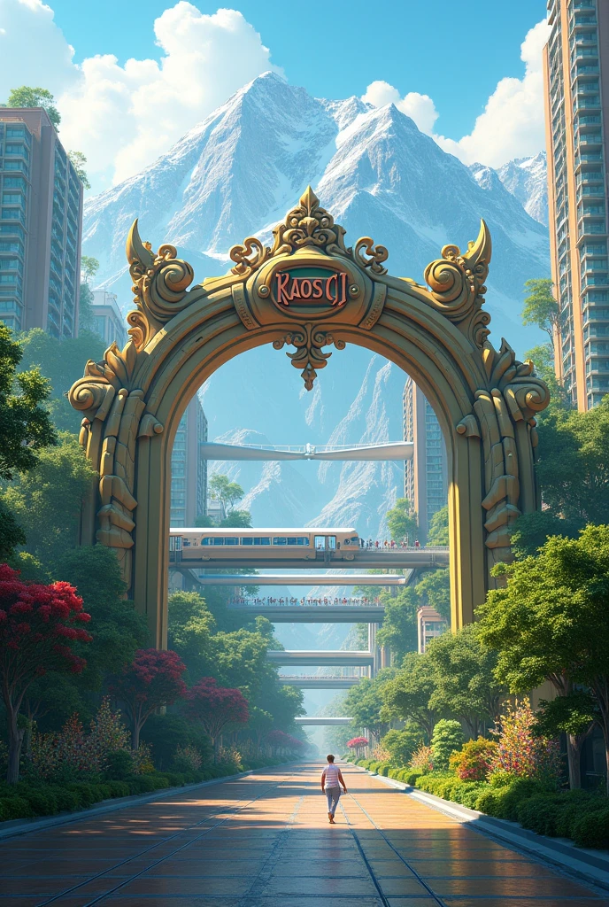 A green city with apartments and roadside train and mountains with an entrance gate marked Kaos city 