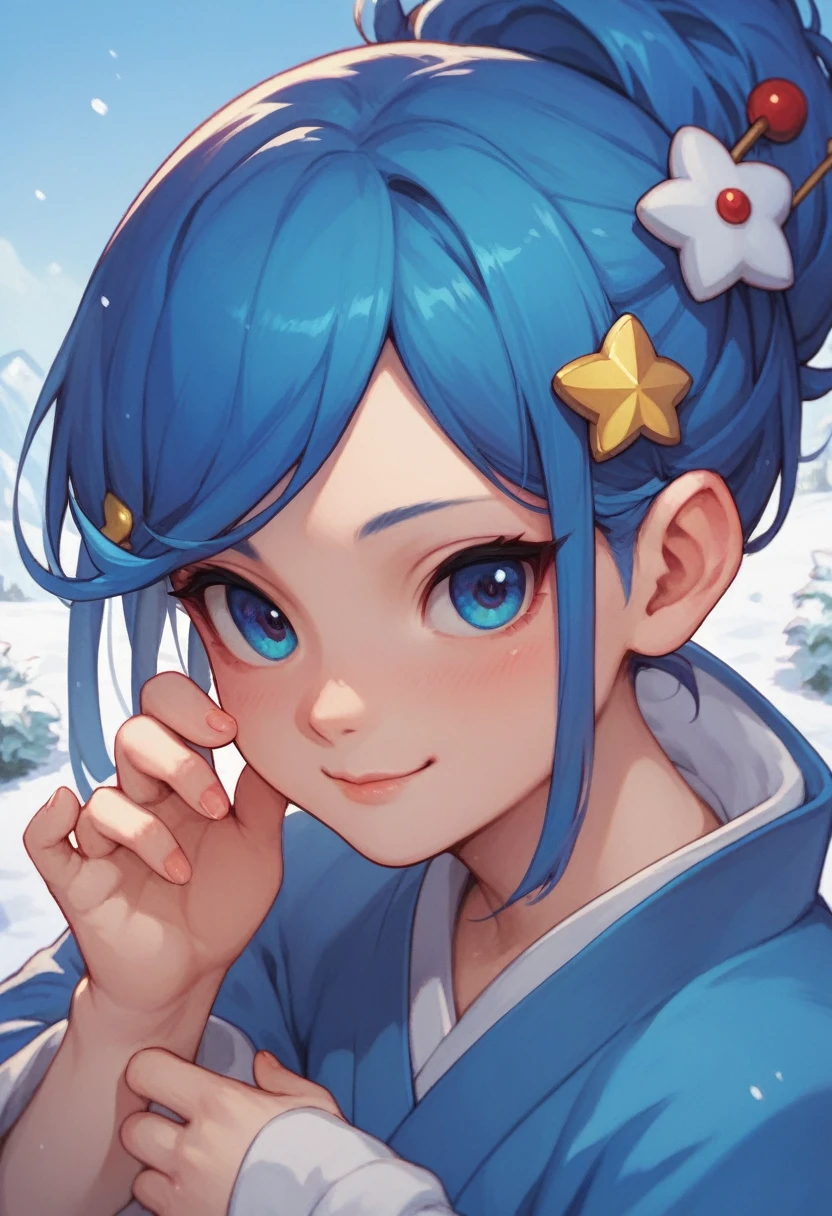 Score9,score8,score7,Princess Fubuki,Yokai Watch,Blue Hair,Blue kimono,Snow Hairpin,Cute Face,