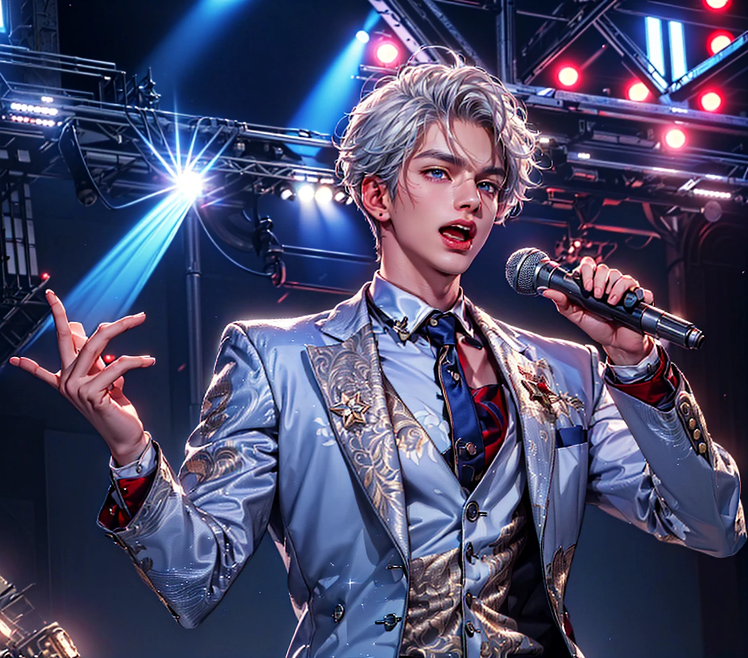 ((Highest quality,masterpiece,Extremely sophisticated details,long distance whole body view,A handsome Korean-style man with short silver-white hair and red and blue eyes,Singing on the concert stage,The spotlight shines on you,Wearing the boss's formal short black suit without tie and high collar,singer)),Extremely mature and handsome,Super domineering handsome guy,Gorgeous stage background