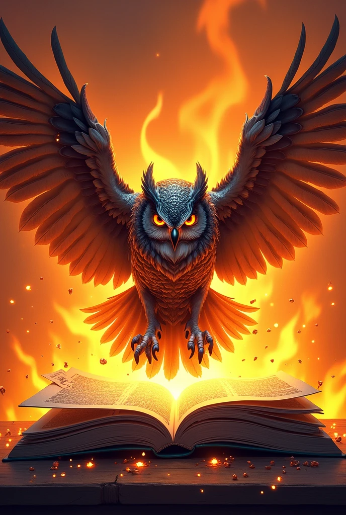 the main color orange, I want in the middle of it a symbol of an owl coming out of a book with its wings open, behind her I want fire, I want the owl with the threatening expression, I want the image to look like a 2D drawing, I want the PNG background