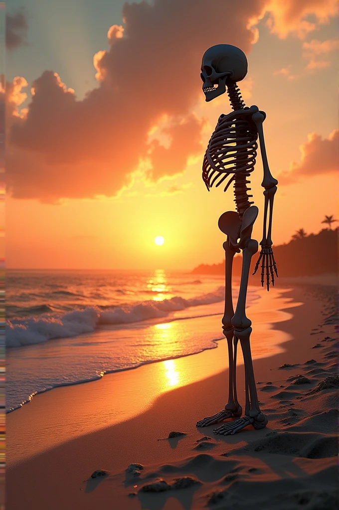 Image of a skeleton watching the beach at sunset 9:16 