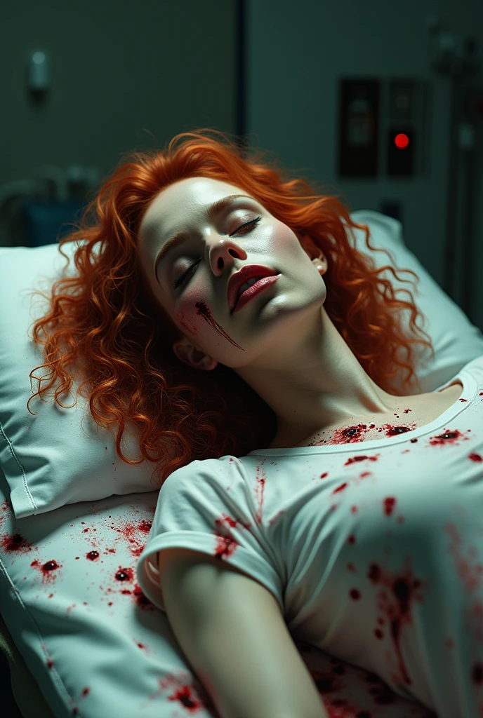 (photorealism:1.2), beautiful and hot white woman, curly red haired hair, beautiful body and legs, beautiful nose, thin face details, beautiful face, Closed eyes, dead on mortuary, lying, sexy pants white t-shirt and Black shorts, hiper realistic, hiper detailed, she is falled out with gunshot on head, blood in The body and blood dripping from head and mouth
