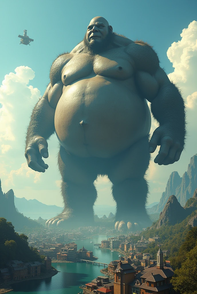 A giant as big as a mountain　Town　 looking up  Huge belly　Huge breasts　aerial photograph　islands　　stomping　Space Station
