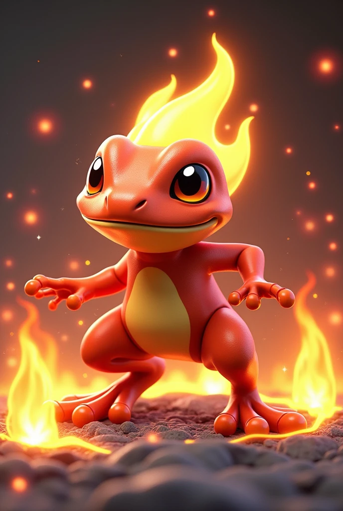 Design a 3D stylized illustration for 'Flare,' a frog-like creature aligned with the fire element. The art style should be consistent with the modern, sleek design of the SOLMON logo, focusing on detailed textures with glowing accents. Flare should be shown in an agile, poised-to-strike pose, with flames subtly emerging from its body. The background should be minimalistic, featuring digital sparks and cosmic elements that enhance the fire theme while maintaining a clean, impactful composition.