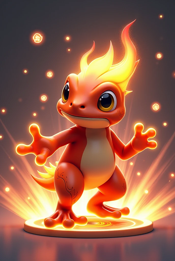 Design a 3D stylized illustration for 'Flare,' a frog-like creature aligned with the fire element. The art style should be consistent with the modern, sleek design of the SOLMON logo, focusing on detailed textures with glowing accents. Flare should be shown in an agile, poised-to-strike pose, with flames subtly emerging from its body. The background should be minimalistic, featuring digital sparks and cosmic elements that enhance the fire theme while maintaining a clean, impactful composition.