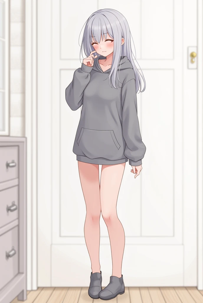 Loose grey hoodie,Small size spats,Gray Hair,long hair,blush,Blowjob,Show the whole picture,Slim beautiful legs,Masturbation,anime,Are standing, drips from the crotch