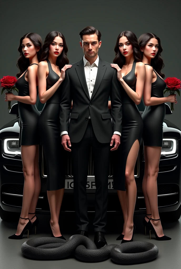 Realistic picture , real Four hot girls , real one men in center , rolles roys black car in background , red roses in girls hand , girls dressed in black , black cobra snake