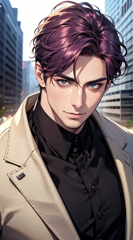 (best quality,4k,8k,highres,masterpiece:1.2),ultra-detailed,(realistic,photorealistic,photo-realistic:1.37),1 man,31 years old,mature man,very handsome,without expression,smile,short purple hair,blue eyes,penetrating gaze,perfect face without errors,imposing posture,businessman,office background,cinematic lighting,hdr image