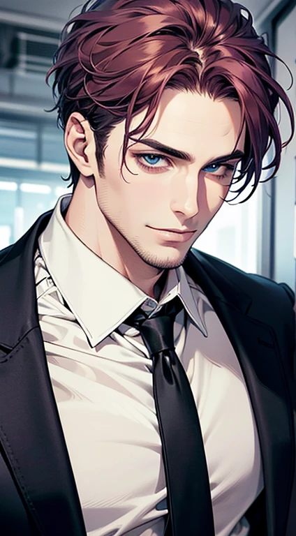 (best quality,4k,8k,highres,masterpiece:1.2),ultra-detailed,(realistic,photorealistic,photo-realistic:1.37),1 man,31 years old,mature man,very handsome,without expression,smile,short purple hair,blue eyes,penetrating gaze,perfect face without errors,imposing posture,businessman,office background,cinematic lighting,hdr image