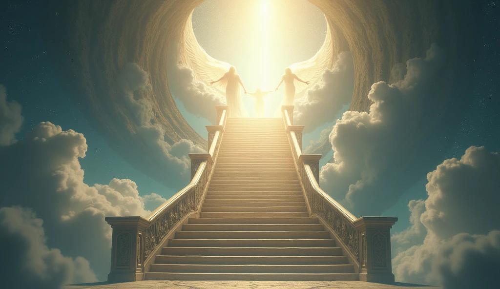 A staircase leading to heaven can symbolize spiritual ascension and the search for a deeper connection with God..