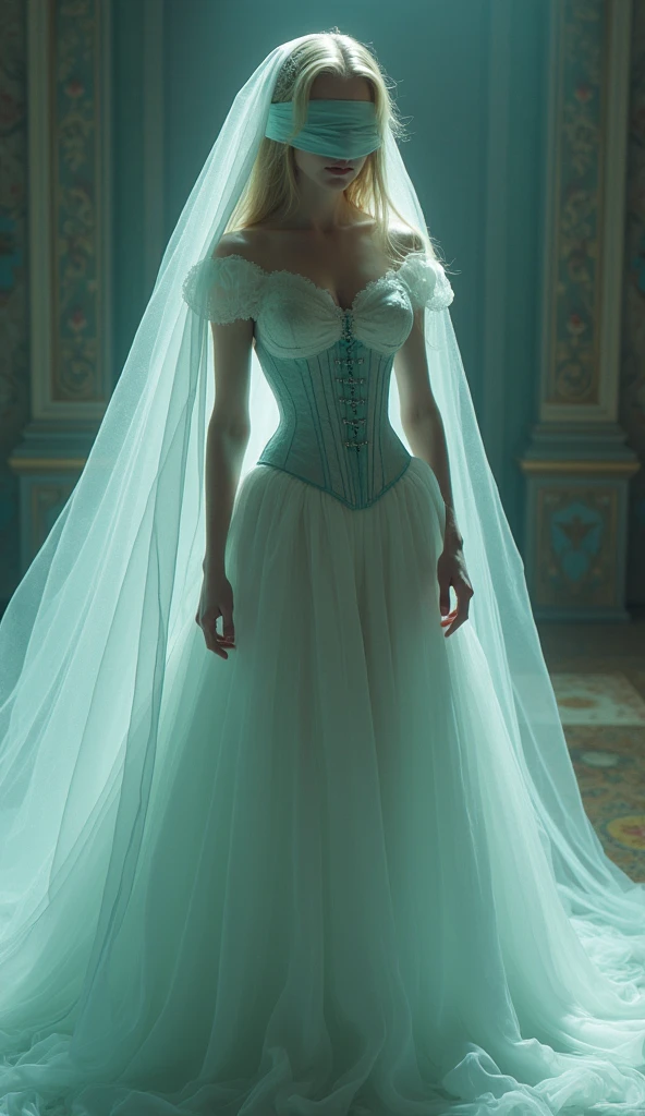 Bird´s-eye view, blindfolded White french woman with super extremly tight tiny waist and see through sheer turquoise corset, beautiful lolita dress with petticoat, blindfolded and a long white veil, Bird´s-eye view, sf, intricate artwork masterpiece, ominous, matte painting movie poster, golden ratio, trending on cgsociety, intricate, epic, trending on artstation, by artgerm, h. r. giger and beksinski, highly detailed, vibrant, production cinematic character render, ultra high quality model