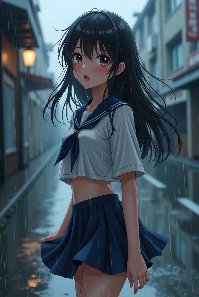 A high school girl whose underwear is visible in the rain