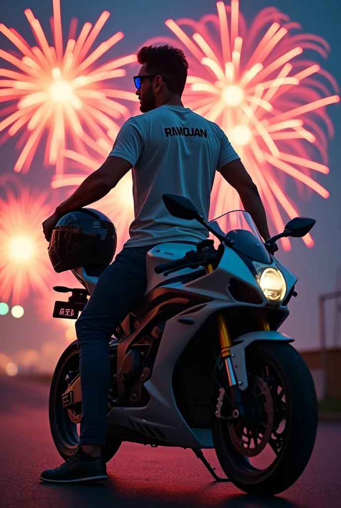 Hi Leonardo, I want you to generate an image, A Lawyer who is with a sports bike. The background of the image must be fireworks, The lawyer must be wearing a t-shirt with the name RAMOJAN on the back., In his right hand he must carry a certified helmet.
The image must be like a WhatsApp profile.
The image should be a little further away, not so close.