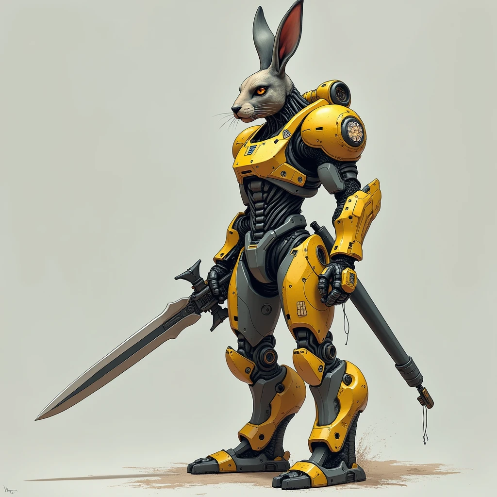 (cyborg hare), Full body image, (complex elements), (in the left hand is a sword), (in the right hand a firearm)