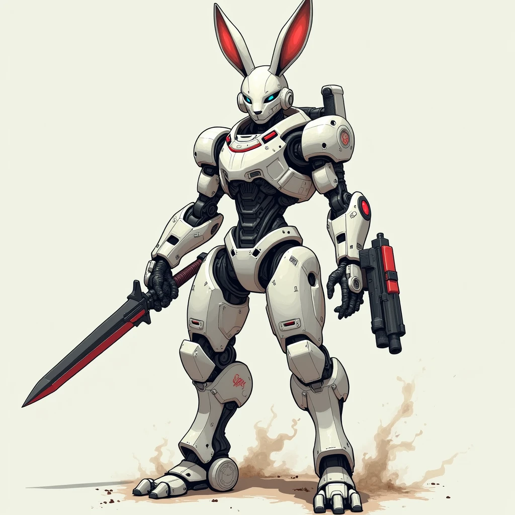 (cyborg hare), Full body image, (complex elements), (in the left hand is a sword), (in the right hand a firearm)