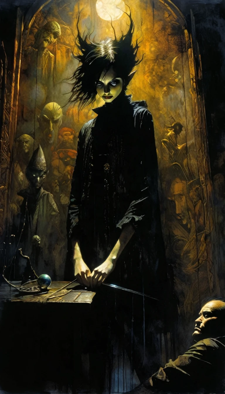 the house of magic, between shadows, oil painting, chiaroscuro, dramatic lighting, moody atmosphere, photorealistic, intricate details, masterpiece, ultra-detailed, high quality, 8k, best quality, realistic, cinematic, dark and brooding, expressionistic, powerful composition, emotional impact, Bill Sienkiewicz and Dave mcKean inspired art