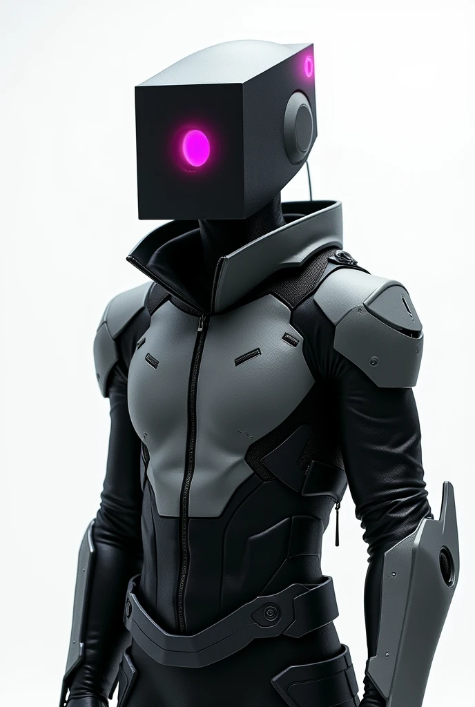 man, Black and grey armor style jacket, Black cube all over the head, Cyclops, pink eye in the middle, White Background Abyss.