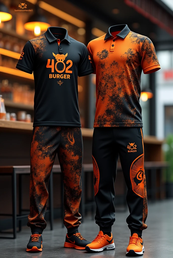 Design a complete uniform for a burger restaurant called 402 BURGER with an urban style, Black with small orange details, polo shirt and jogger pants that are disruptive innovation, that have a tribal with the word 402 BURGER on the shirt and that have an animal that can represent hamburgers that represents the 402 brand printed on the back
