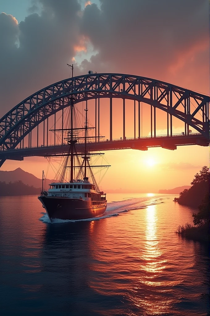 Panama&#39;s Bridges of the Americas with a ship below

