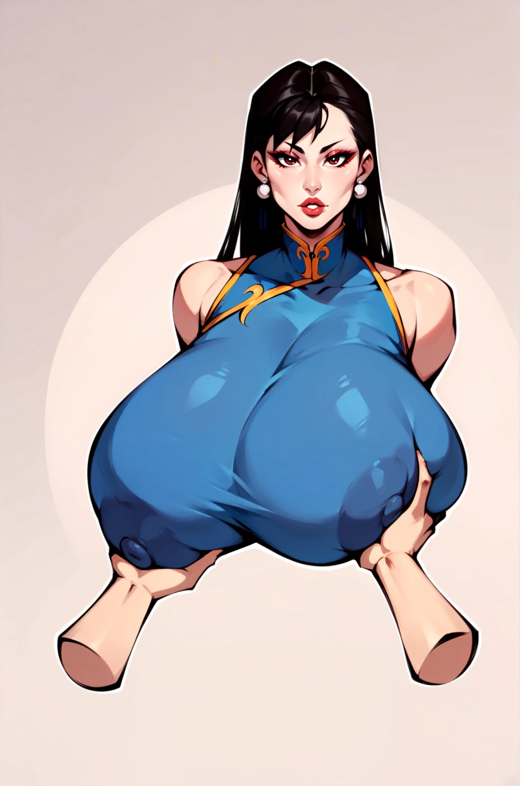 score_9, score_8_up, score_7_up, score_6_up, score_5_up, score_4_up, solo, Chun-Li from street fighter, ((thicc mature mom)), black hair, big thick full lips, ((pouted lips)), squinting eyes, ((full body)), ((NSFW)), sexy, seductive, alluring, cute, seductive smile, (((gigantic breasts))), sagging breasts, big nipples, wide hips, thick thighs, huge ass, breasts focus, (((two Pov hands groping breasts firmly))), (((from pov))), looking at viewer, ((upper body)), hands behind back, ((cowboy shot))